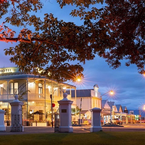Main street of Martinborough showing the town square and hotel